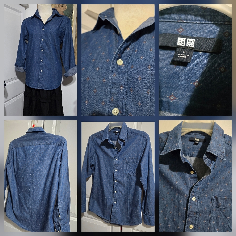 UNIQLO UNISEX  DARK  CASUAL BUTTON  DOWN LONG SLEEVE POLO SHIRT- SMALL